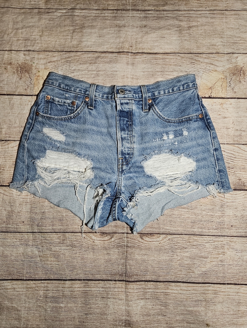 LEVI'S 501 High Rise Quiet Riot Distressed Ripped Denim Jean Shorts - Picture 3 of 11